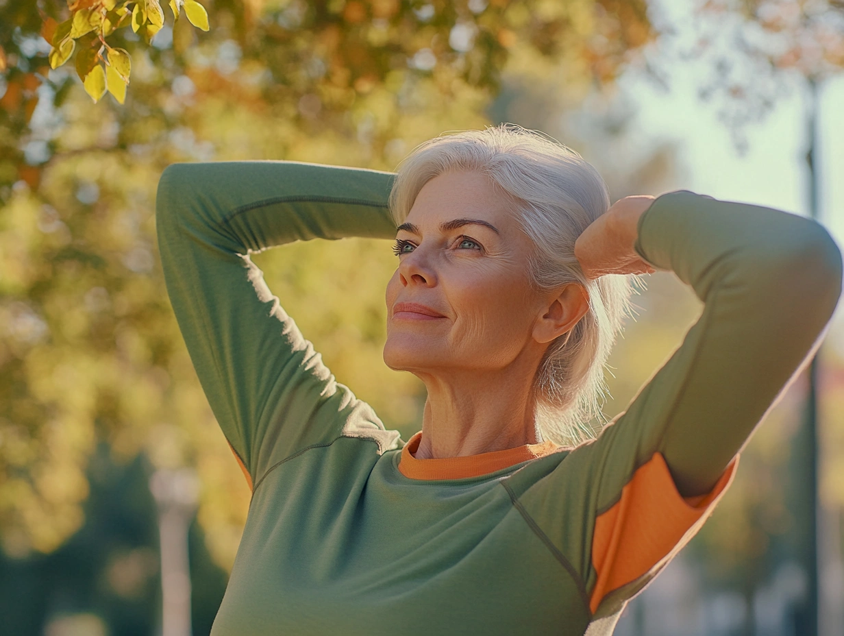 Активна жінка елегантного віку виконує вправи на свіжому повітрі